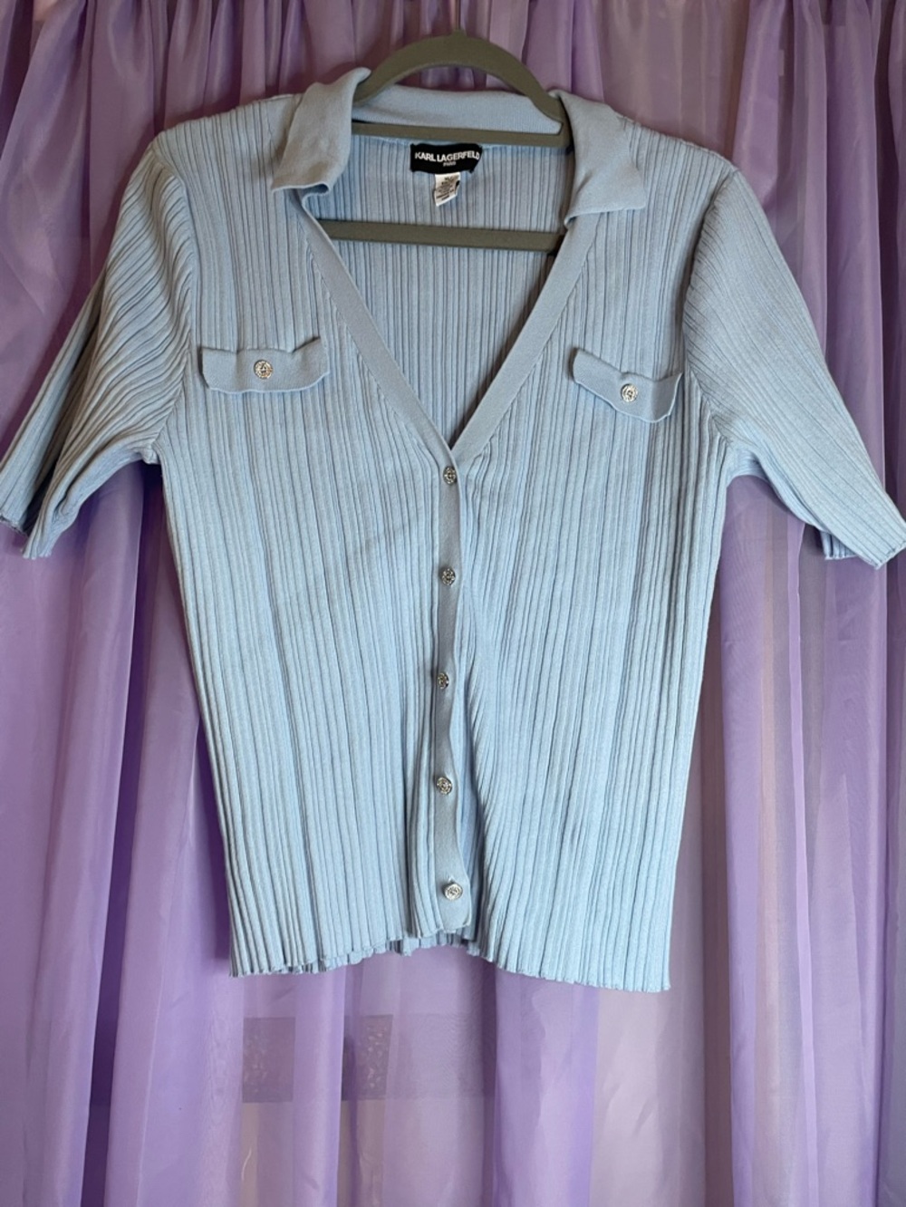 Karl Lagerfeld Pale Blue Ribbed Button-Front Top